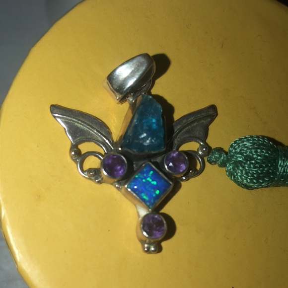 Beautiful Sterling Silver Lab Created Opal with a druzy stone & Amethyst Pendant - Picture 9 of 17